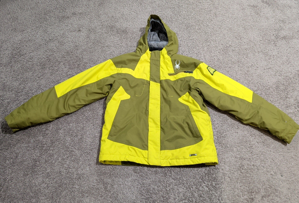 Spyder Kids Size 18 Green Yellow Snow Jacket With Hood lined Zip Pockets